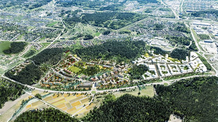 Illustration av Tovatt Architects & Planners AB och Mandaworks AB över planområdet på Sätra.