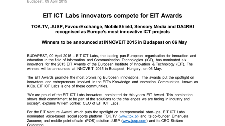 EIT ICT Labs innovators compete for EIT Awards
