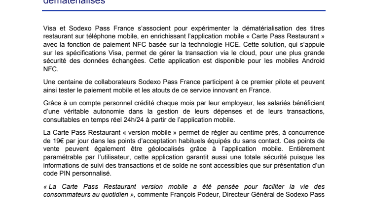 Visa et Sodexo Pass France s’associent pour faciliter la vie des salariés avec le paiement mobile des titres restaurant dématérialisés