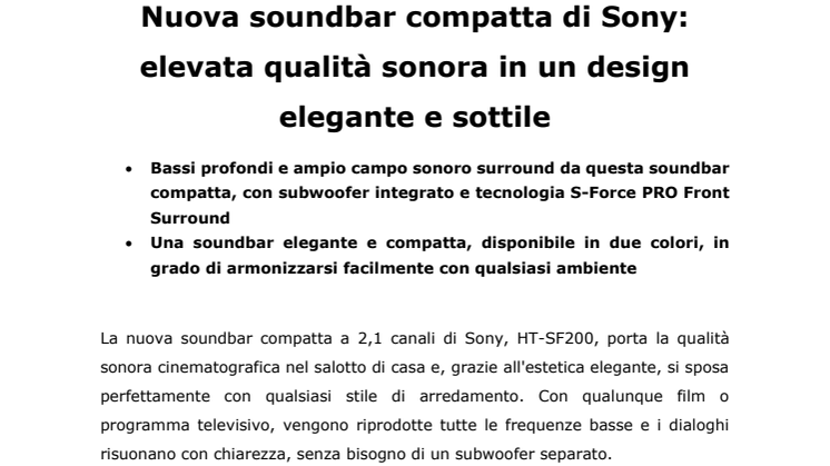 Nuova soundbar compatta di Sony: elevata qualità sonora in un design elegante e sottile