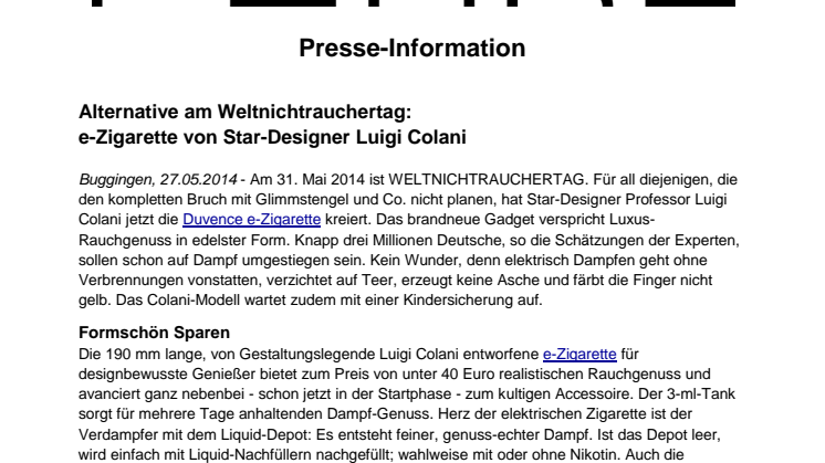 Alternative am Weltnichtrauchertag: e-Zigarette von Star-Designer Luigi Colani