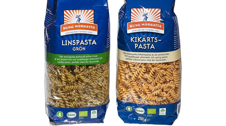 Kung Markatta lanserar KRAV-märkt,  ekologisk Kikärtspasta och Linspasta