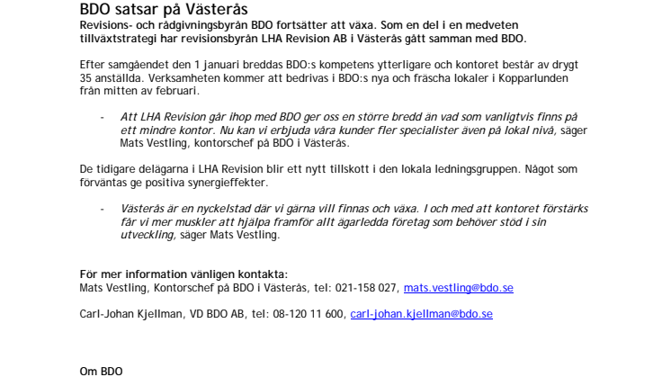 BDO fördubblar i Västerås