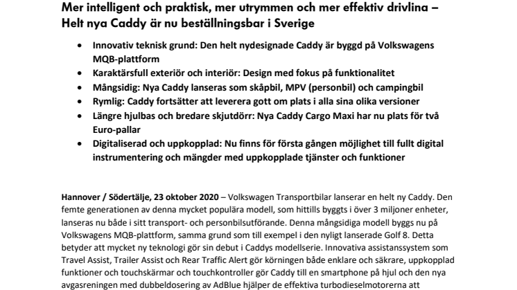 Helt nya Caddy - Nu beställningsbar i Sverige