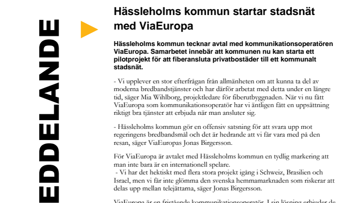 Hässleholms kommun startar stadsnät med ViaEuropa