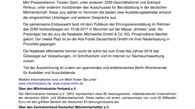 Naabtaler Milchwerke zum „Ausbildungsbetrieb der deutschen Milchwirtschaft 2017“ gekürt!