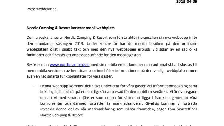 Nordic Camping & Resort lanserar mobil webbplats