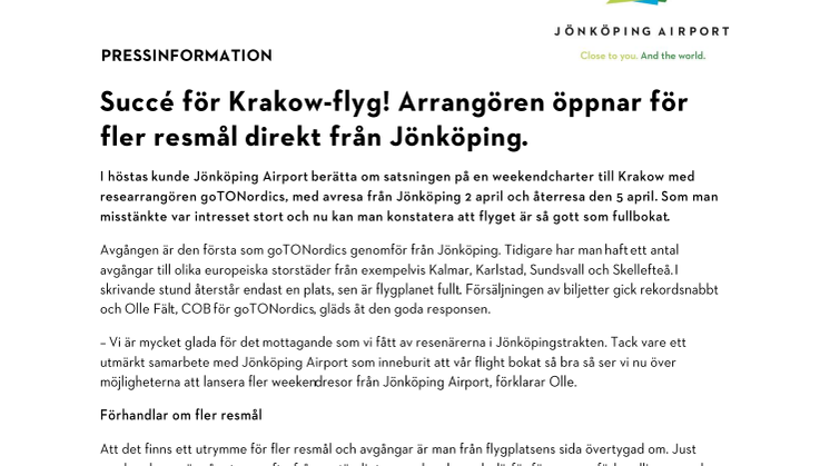 Succé för Krakow-flyg! Arrangören öppnar för fler resmål direkt från Jönköping.