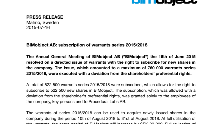 BIMobject AB: subscription of warrants series 2015/2018 