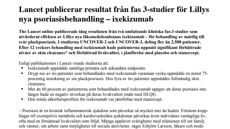 Lancet publicerar resultat från fas 3-studier för Lillys nya psoriasisbehandling – ixekizumab 