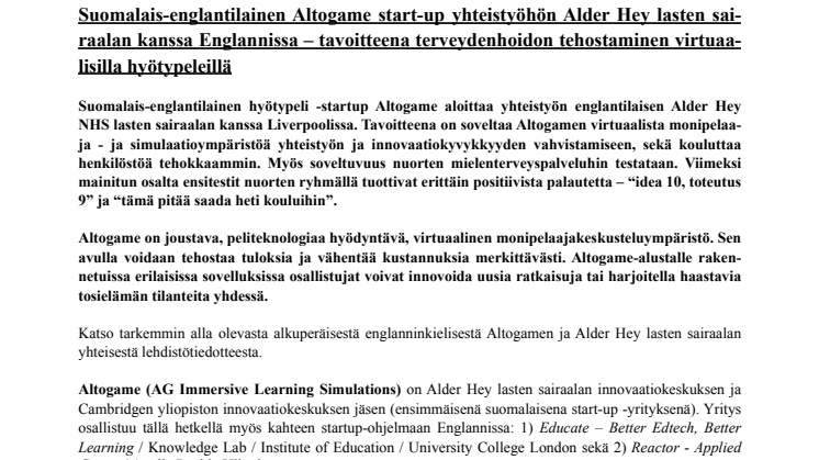 Suomalais-englantilainen Altogame start-up yhteistyöhön Alder Hey lasten sairaalan kanssa Englannissa – tavoitteena terveydenhoidon tehostaminen virtuaalisilla hyötypeleillä