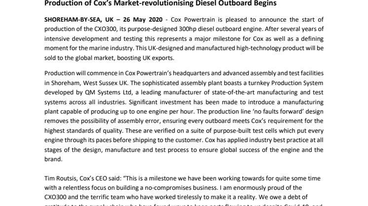 Production of Cox’s Market-revolutionising Diesel Outboard Begins