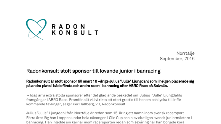 Radonkonsult stolt sponsor till lovande junior i banracing
