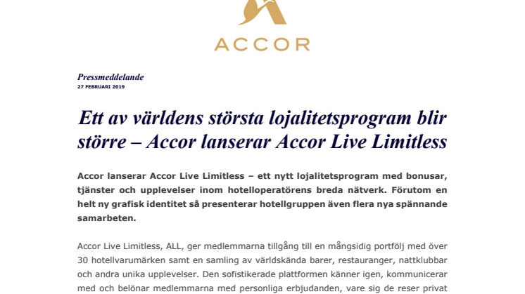 Ett av världens största lojalitetsprogram blir större – Accor lanserar Accor Live Limitless