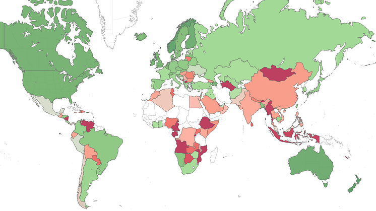 Kartan visar ett globalt riskindex över riskområden för skadlig kod runtom i världen. Grön = låg risk, röd = hög risk, grå = otillräcklig data.