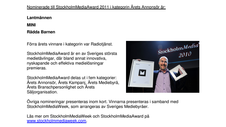 StockholmMediaAward 2011: Vem blir Årets Annonsör? 