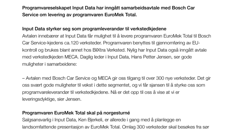 Input Data kunngjør samarbeidsavtale med Bosch Car Service
