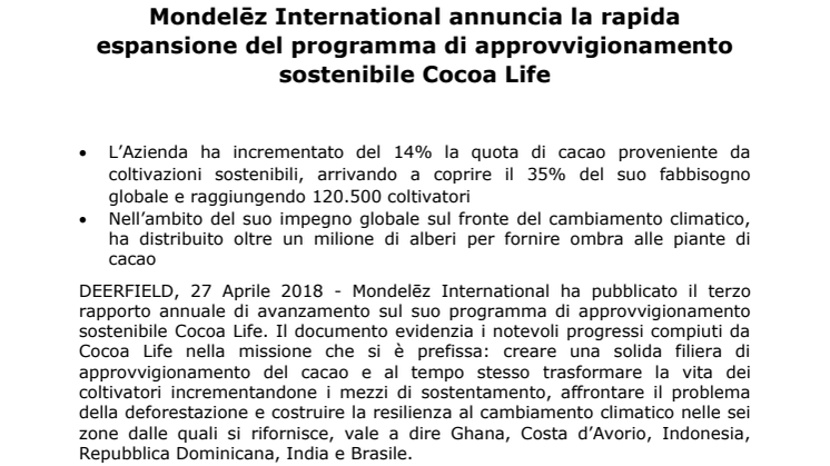Mondelēz International annuncia la rapida espansione del programma di approvvigionamento sostenibile Cocoa Life