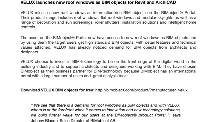 VELUX launches new roof windows as BIM objects for Revit and ArchiCAD