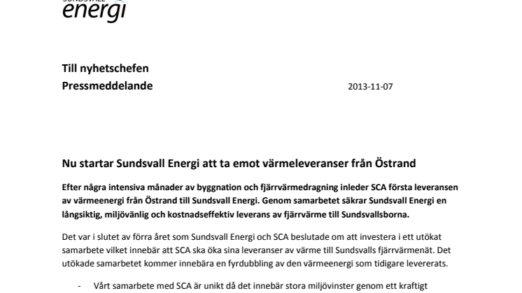Nu startar Sundsvall Energi att ta emot värmeleveranser från Östrand