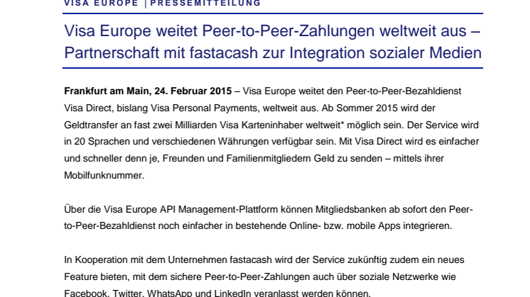 Visa Europe weitet Peer-to-Peer-Zahlungen weltweit aus – Partnerschaft mit fastacash zur Integration sozialer Medien