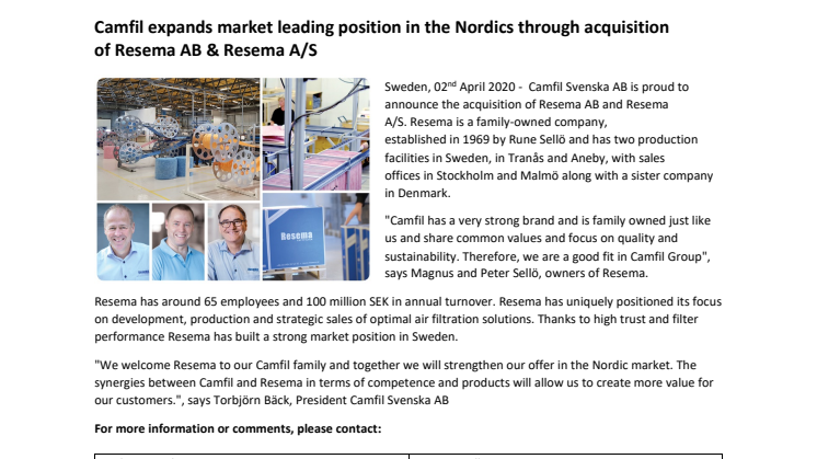 Camfil expands market leading position in the Nordics through acquisition of Resema AB & Resema A/S