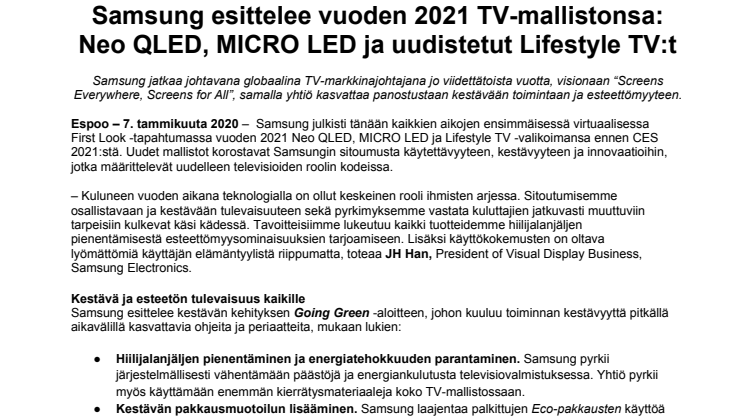 Samsung esittelee vuoden 2021 TV-mallistonsa: Neo QLED, MICRO LED ja uudistetut Lifestyle TV:t
