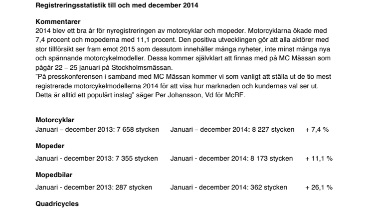 Nyregistreringsstatistik till och med december 2014