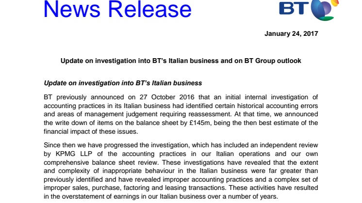 Update on investigation into BT’s Italian business and on BT Group outlook