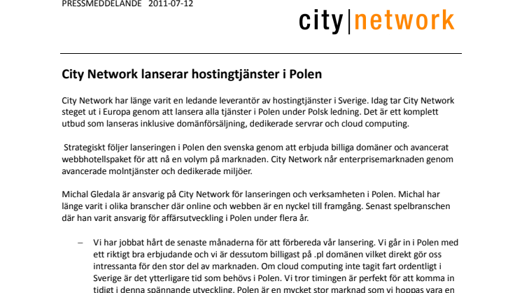City Network lanserar hostingtjänster i Polen