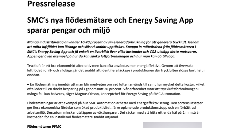 SMC’s nya flödesmätare och Energy Saving App sparar pengar och miljö