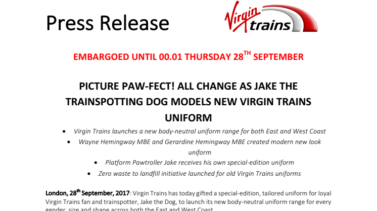 Picture Paw-fect! All change as Jake the trainspotting dog models new Virgin Trains uniform 