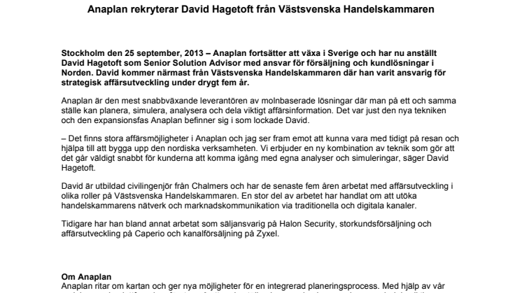 Anaplan rekryterar David Hagetoft från Västsvenska Handelskammaren