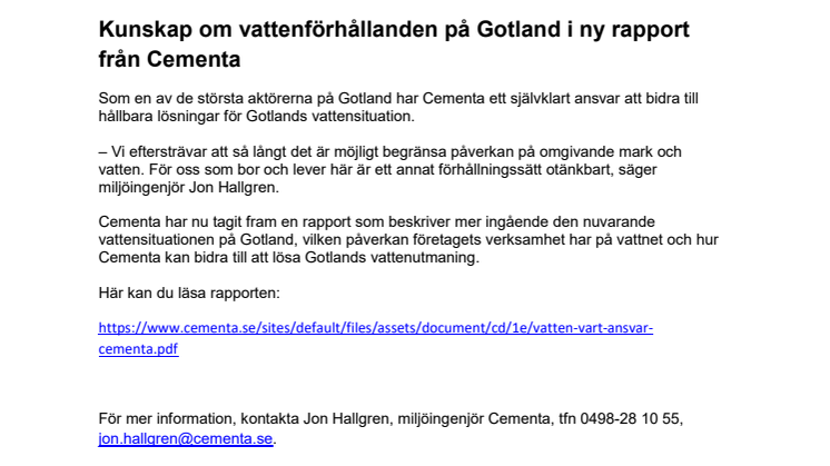Kunskap om vattenförhållanden på Gotland i ny rapport från Cementa