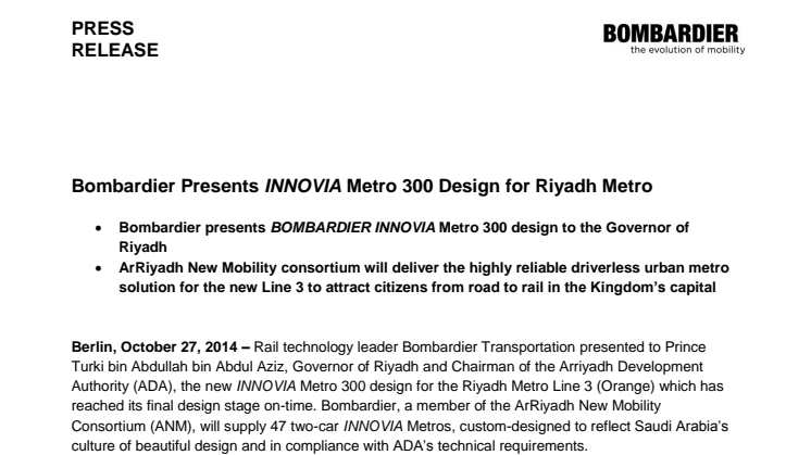 Bombardier presenterar tåg till Riyadhs nya tunnelbana