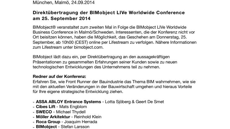 Direktübertragung der BIMobject LIVe Worldwide Conference am 25. September 2014