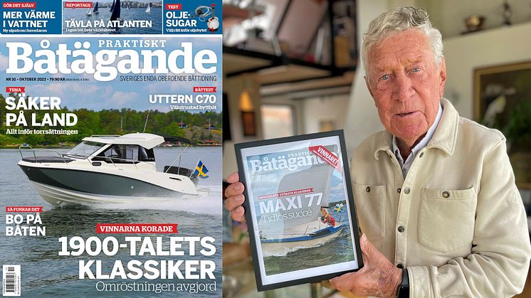 Bild. Till vänster: Omslag till Praktiskt Båtägande nr 10 2022. Till höger: Pelle Petterson, skapare av Maxi 77 (Foto: Joakim Hermansson).