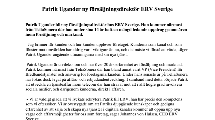 Patrik Ugander ny försäljningsdirektör ERV Sverige