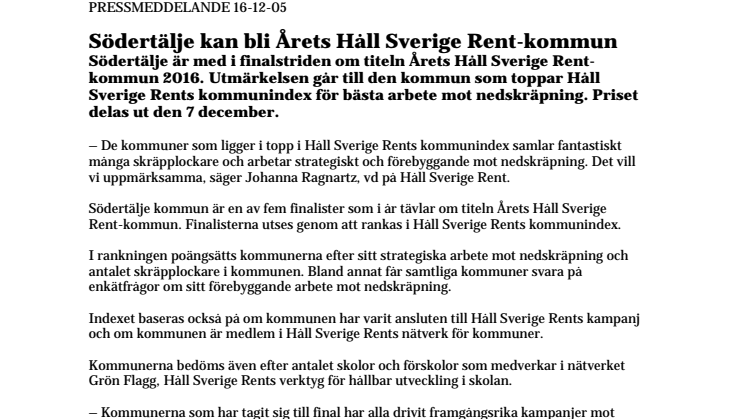 Södertälje kan bli Årets Håll Sverige Rent-kommun