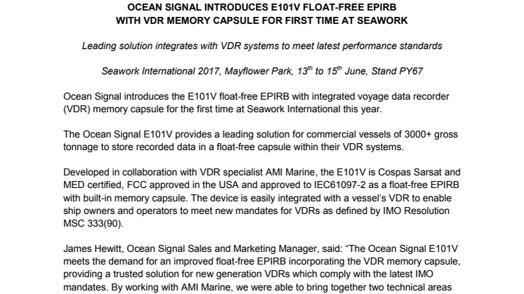 Ocean Signal Introduces E101V Float-Free EPIRB with VDR Memory Capsule for First Time at Seawork