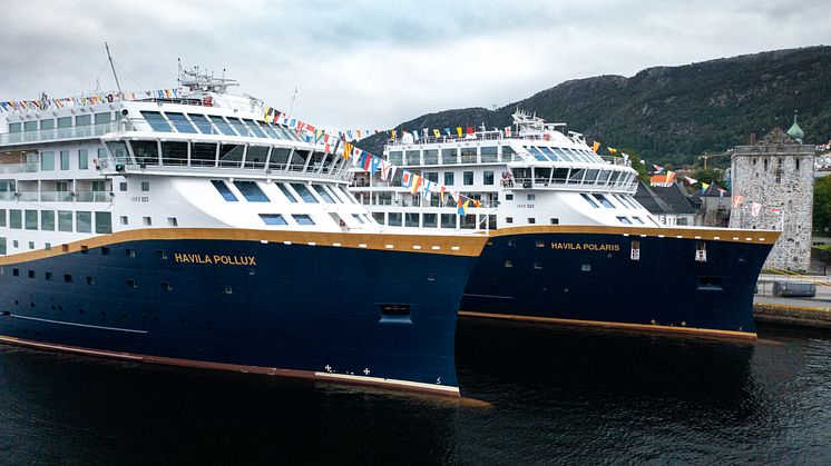 Havila Pollux and Havila Polaris at quay in Bergen. 