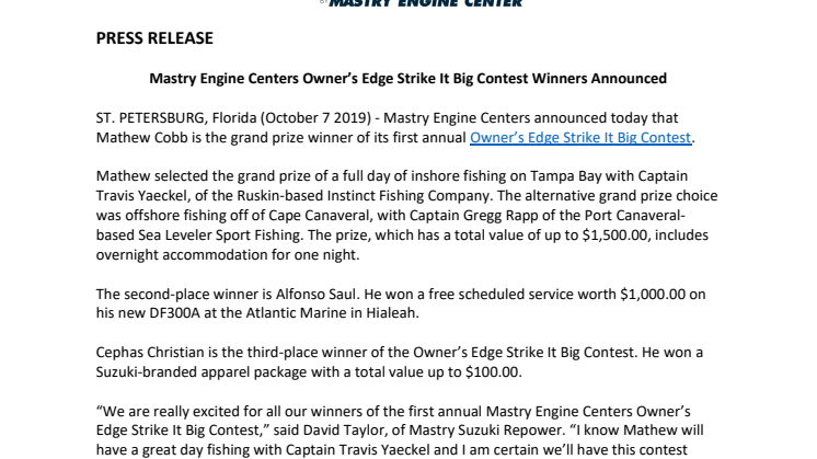 Mastry Engine Centers Owner’s Edge Strike It Big Contest Winners Announced