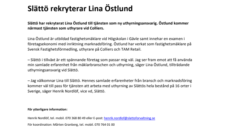 Slättö rekryterar Lina Östlund 
