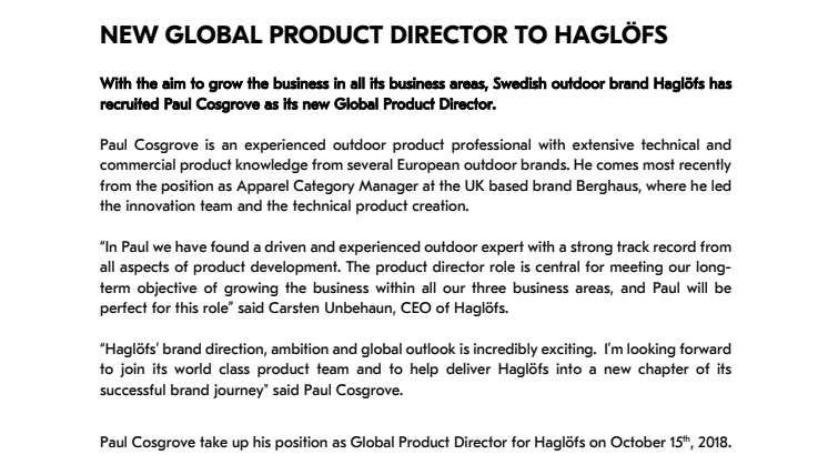 NEW GLOBAL PRODUCT DIRECTOR TO HAGLÖFS