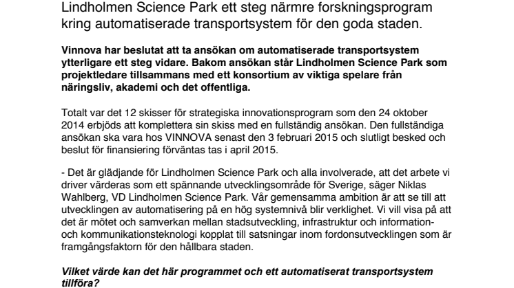 Lindholmen Science Park ett steg närmre forskningsprogram kring automatiserade transportsystem för den goda staden