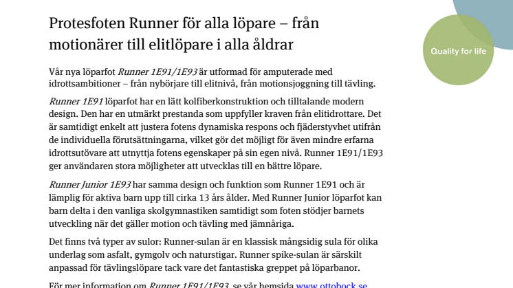 Ottobock släpper protesfoten Runner för alla löpare – från motionärer till elitlöpare i alla åldrar