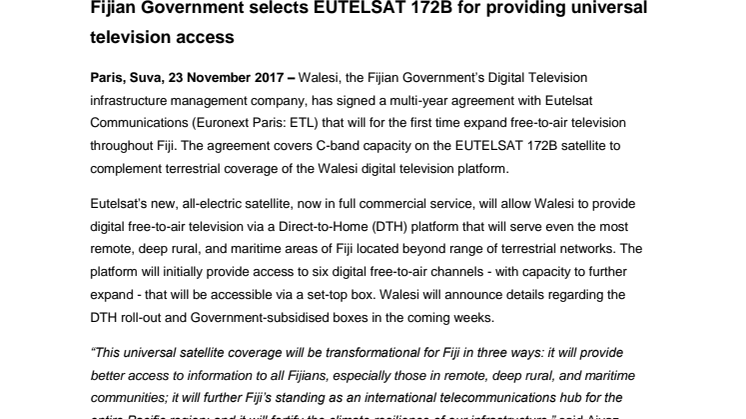 Fijian Government selects EUTELSAT 172B for providing universal television access