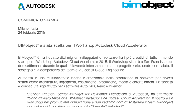 BIMobject® è stato scelto per il Programma Autodesk Cloud Accelerator negli Stati Uniti