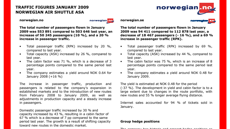 Norwegians passagerartillväxt fortsätter in i 2009
