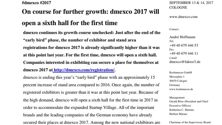 On course for further growth: dmexco 2017 will open a sixth hall for the first time